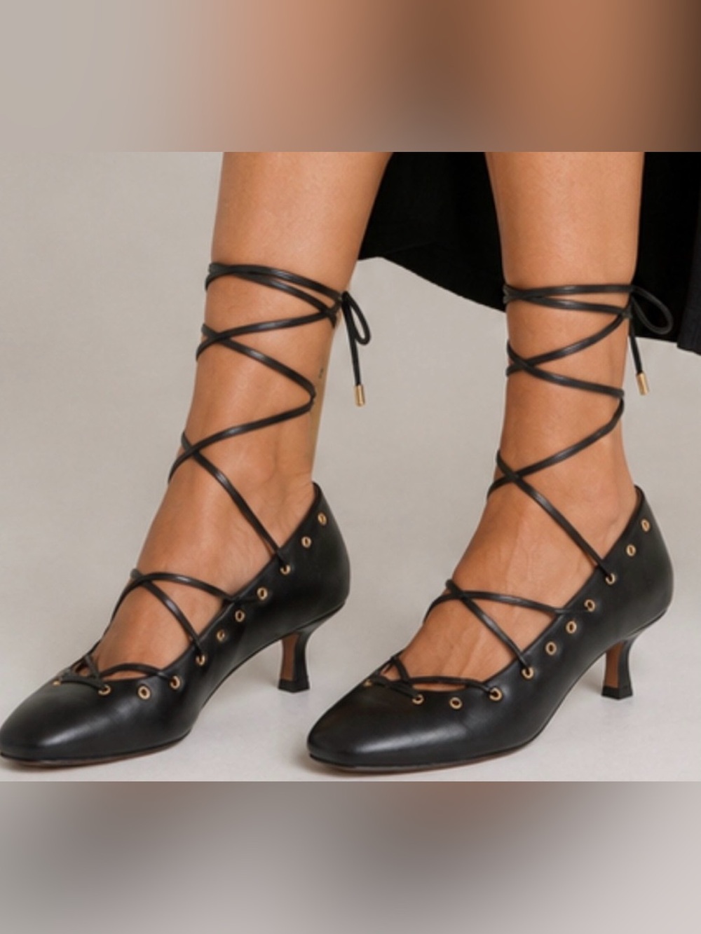 Madewell Black Lace-Up Kitten Heel Pumps with Gold Eyelets
